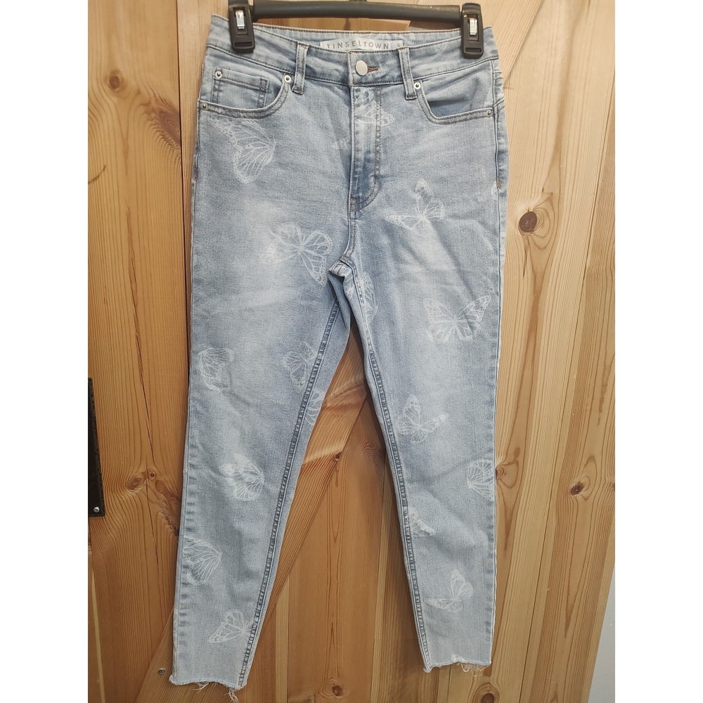 Tinseltown Light Blue Butterfly Print Mid Rise Jeans Sz 3 Raw Hem Skinny Fairy